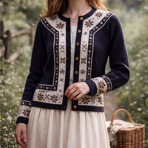 Dressbarn Vintage Embroidered Cardigan Sweater M- Nordic Floral Beaded Button Up